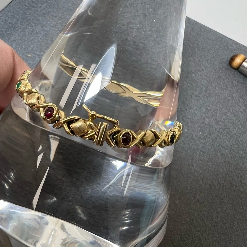 14K Gold Bracelet with Sapphires, Rubies and Emerald Cabochon Accents